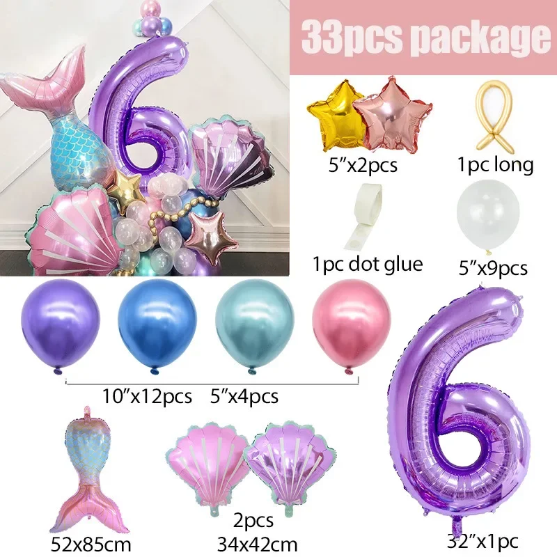 33-teiliges Meerjungfrauen-Muschel-Zahlenballon-Set, Meerjungfrauen-Themen-Folienballons für Mädchen-Geburtstag, Babyparty, Unterwasser-Party-Dekoration – Detail 10