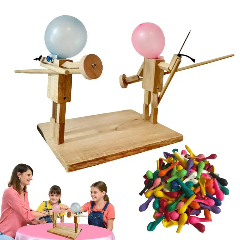 

Fun Balloon Wood Man Battle Handmade Wooden Fencing Puppets Wooden Bots Battle Game Party Home Decoration Whack A Balloon Game