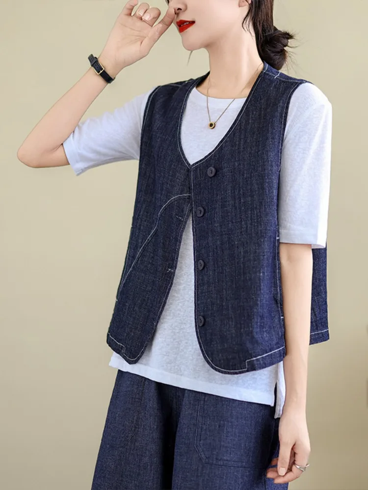 

Гонконгский винтажный повседневный джинсовый жилет с v-образным вырезом, женский летний свободный многослойный топ с плечами из смеси хлопка для поездок на работу