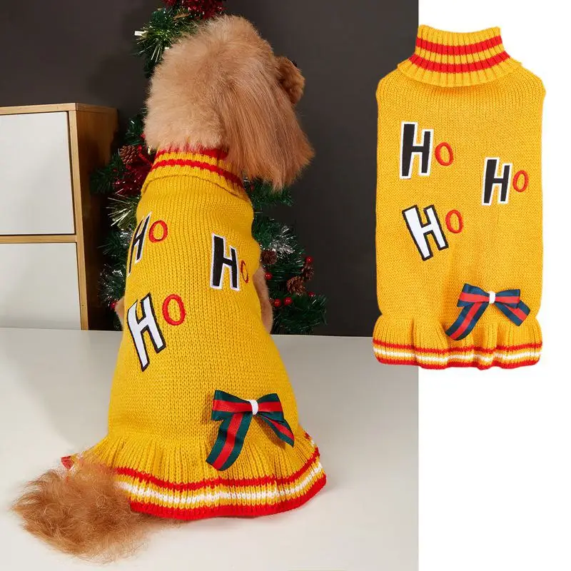 M69 Christmas pet sweater dress cat dog clothes autumn and winter HoHo high neck bow embroidery skirt