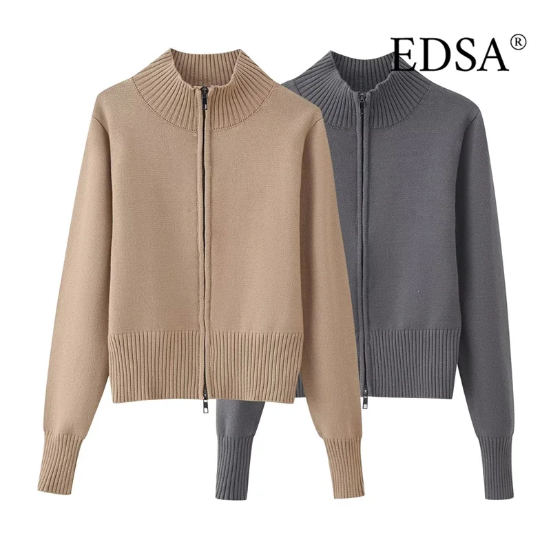 سترة محبوكة بياقة واقفة للسيدات من EDSA وأكمام طويلة وسحاب جانبي سترة صوفية للربيع والخريف #2