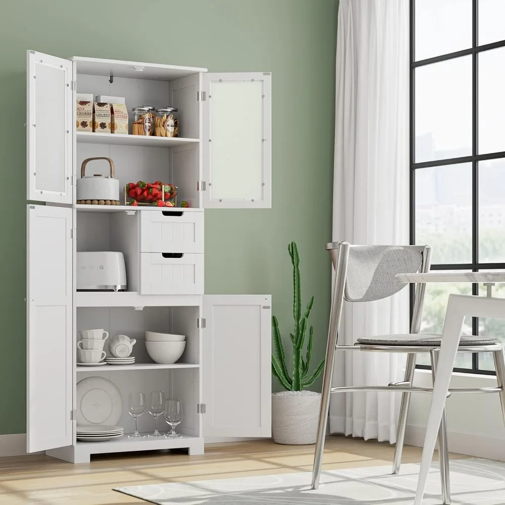 67'' Tall Storage Cabinet, Bathroom Storage Cabinet with Glass Doors and Shelves, Kitchen Pantry Cabinet with 2 Drawers