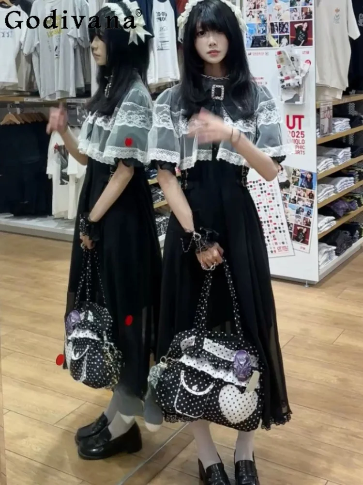 Summer New Japanese Lace Cloak Lolita Dress Fashion Gothic Short Sleeve A-line Versatile High Waist Age Reduction Long Dresses