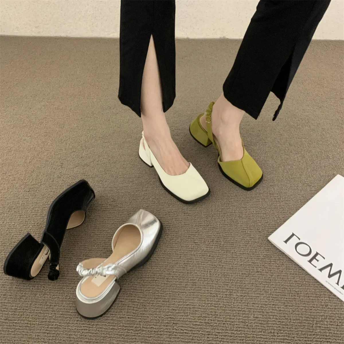 Thick Heel Baotou Sandals Mary Jane Sandals for Women Shoes Fashion Chunky Heels Square Toe Dress Comfortable Sandals