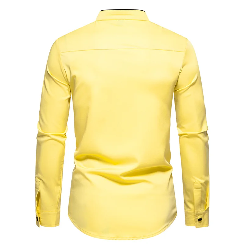 Mens Yellow Colorblock Stand Collar Shirt Men Long Sleeve Casual Button Up Dress Shirts Hip Hop Streetwear Henley Shirt Male XXL