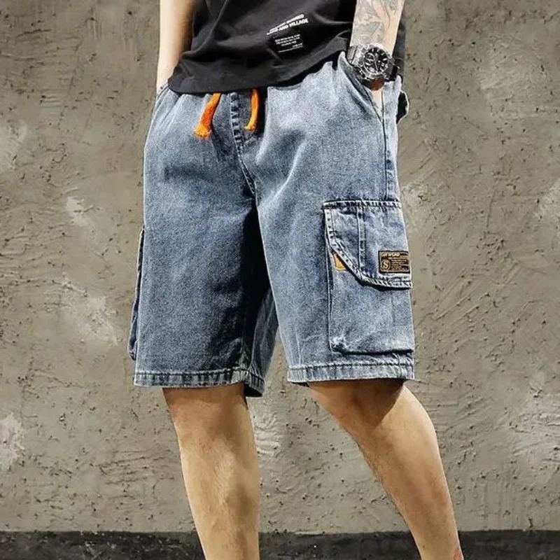 

Short Jeans Pants for Men Drawstring Wide Cargo Baggy Man Denim Shorts Loose Popular Streetwear Luxury Original Xxxl Jorts Blue