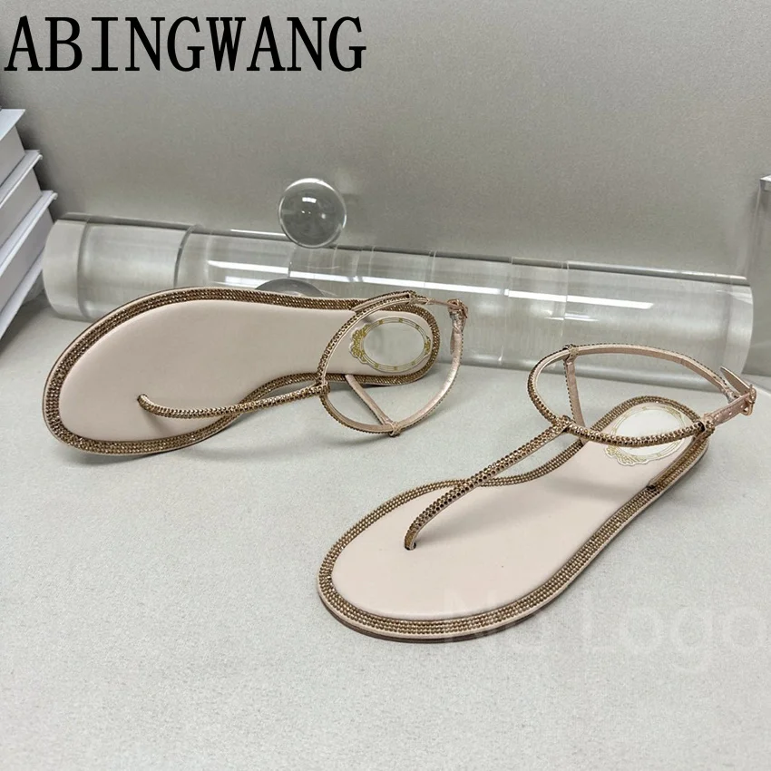 

Summer New Leather Crystal Flats Heel Sandals Flip Flops Buckle Strap Shoes Casual Ladies Dress Sandals For Women Mujer
