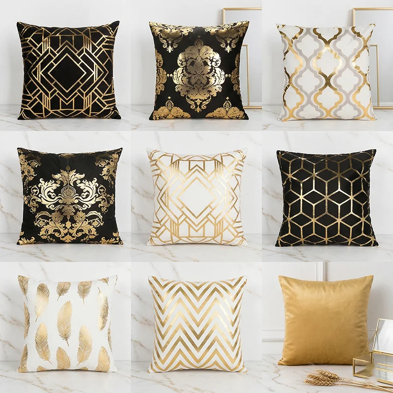 

Luxury Black Gold Damask Cushion Cover Bronzing Peach Skin Pillowcase Geometric Throw Pillow for Sofa Living Room Home Decor