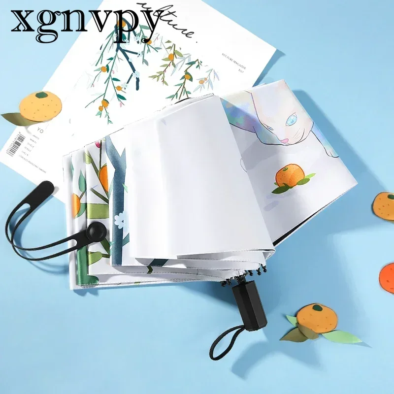 xgnvpy Cartoon Cute Cat Theme Foldable Sun Rain Umbrella Female Outdoor Parasol Lightweight Portable