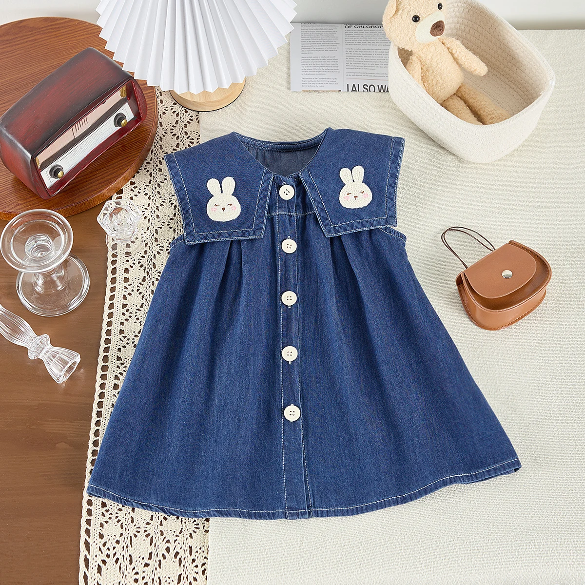 

Summer girls' dress, large lapel sleeveless denim dress, rabbit print vacation dress