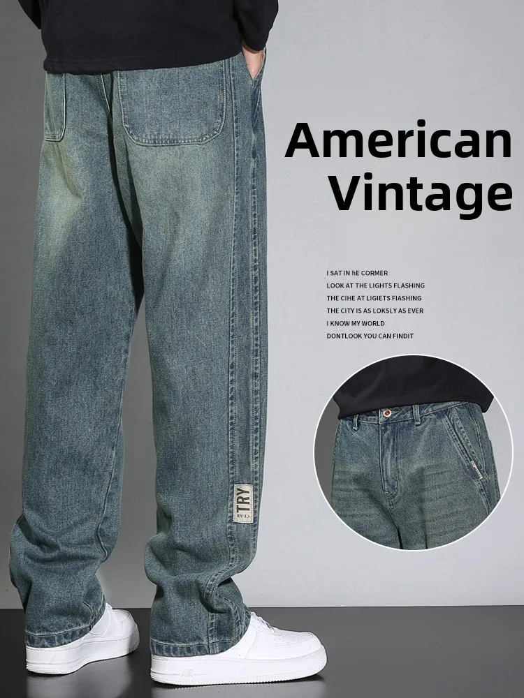 

Pure Cotton Men's Jeans Casual Wide Leg Straight Cut Trousers Retro American Sle Teenage Trendy Brand Fall New Arrival
