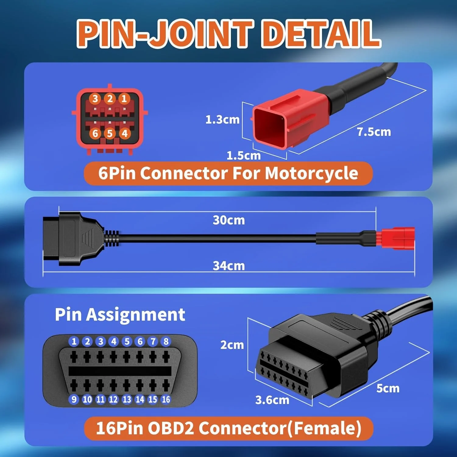 Picture 3: 6Pin To 16 Pin Motorcycle OBD Adaptors OBD2 Diagnostic Cable Extension Connectors Wire For BMW K1200 K1300 GT R S K1600 GT GTL
