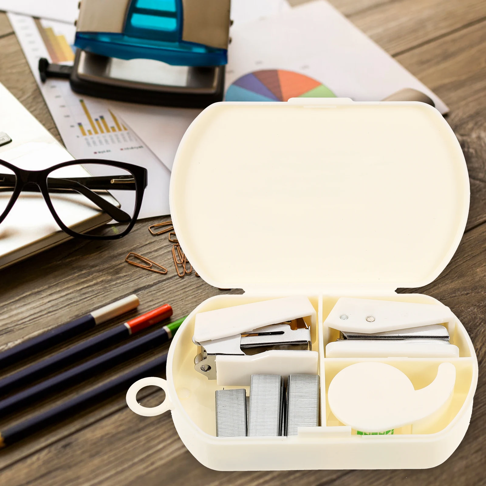 3PCS Multifunctional Handcrafted Tool Box White Mini Office Supplies Kit Stapler Tape Dispenser Hole Puncher for Scrapbooking
