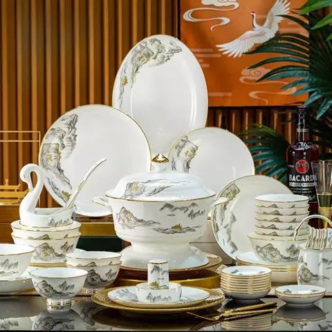 Bone China Luxury Dinnerware Sets Kitchen Dining Room Party Wedding Plates Set Christmas Guests Vajillas Ceramica Dishes
