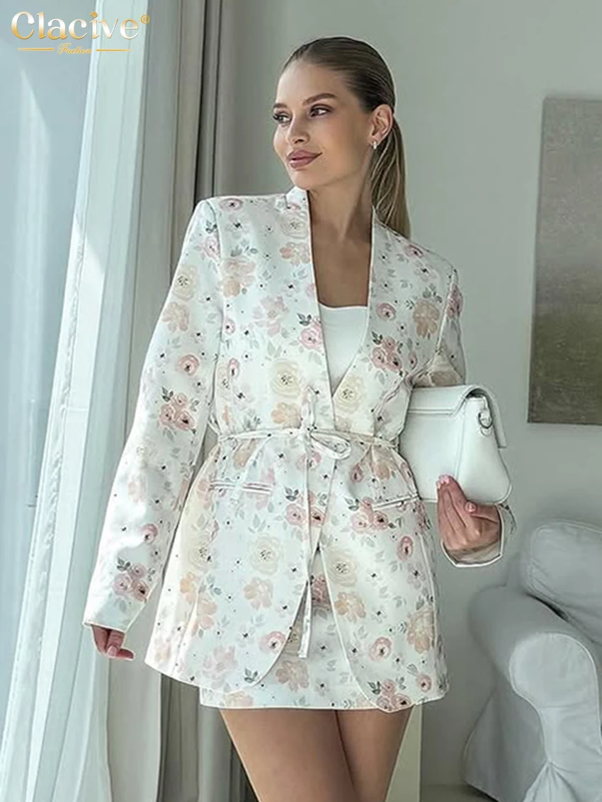 

Clacive Fashion Loose Print Women's Two Pieces Set Elegant Long Sleeve Blazer With High Waist Mini Skirt Set Female Streetwear