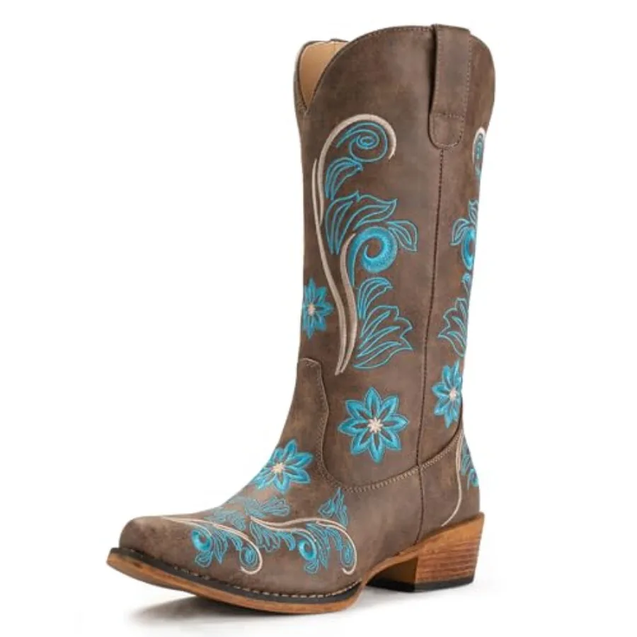 

IUV Cowboy Boots For Women Mid Calf Cowgirl Boots Embroidered Pull-On Tabs Snip Toe Boot