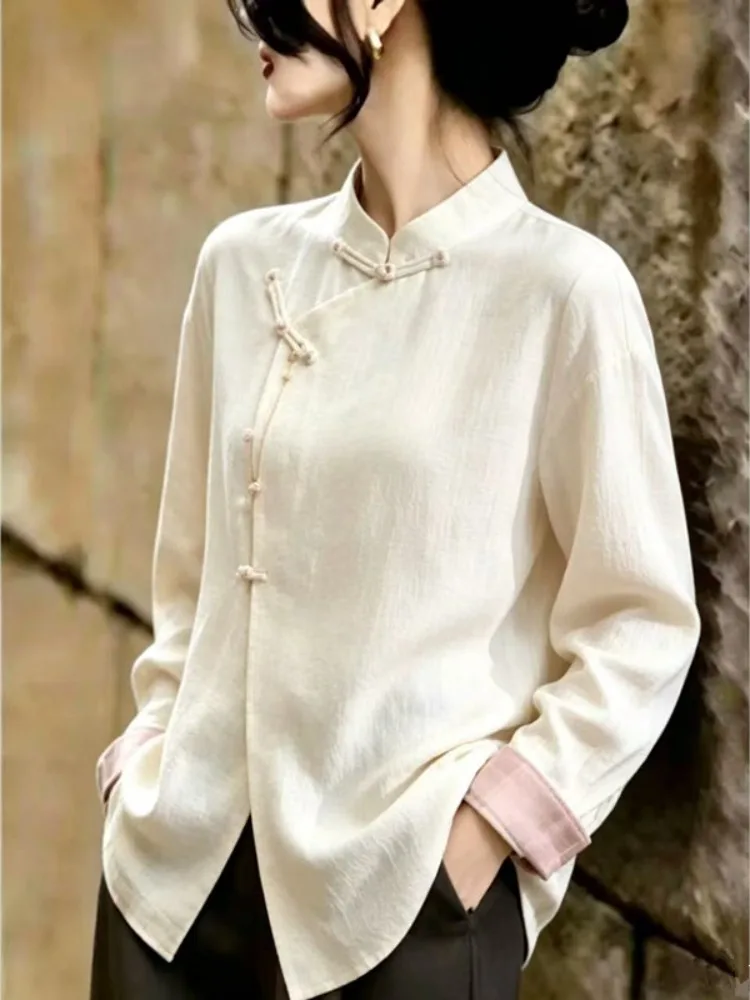 New Chinese Style Women's Shirt Stand Collar Embroidered Side Button Tea Ceremony Top Ladies Fashionable Traditional Top
