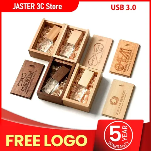JASTER Crystal clé USB 3.0 en bois clé USB 4GB 8GB 16GB 32GB 64GB 128GB clé USB cadeau de mariage produits de logo personnalisé