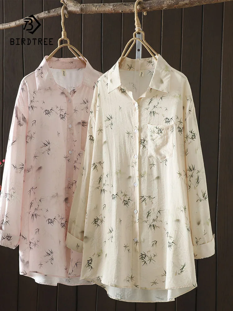 

New Spring Cotton Printed Shirt Women Lapel Long Sleeve Literature Top Girl Casual Loose Mid Length Blouse 2024 Autumn T44112QC