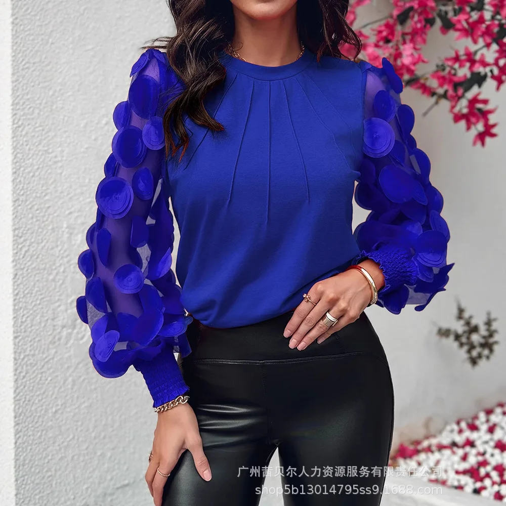 Женская новая блузка в горошек с круглым вырезом и длинными рукавами из прозрачной сетки, элегантный топ