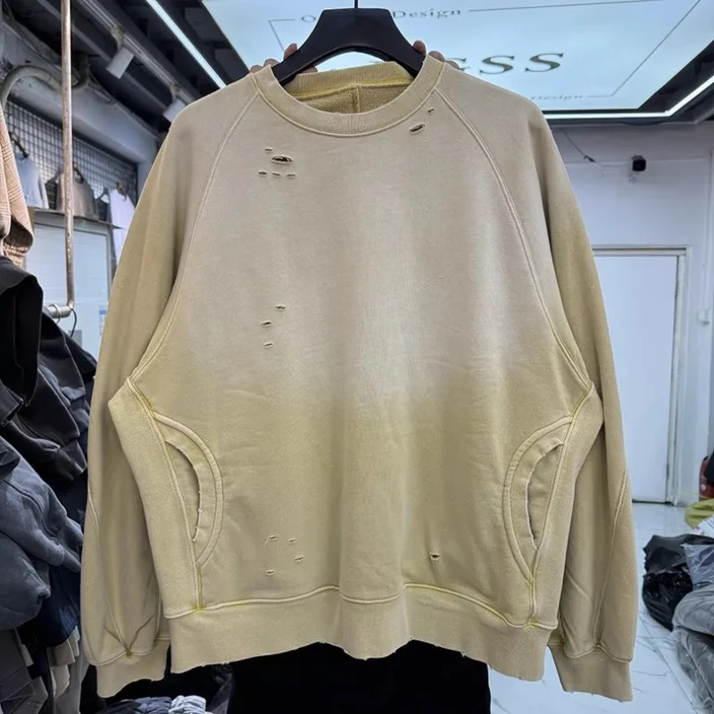 

Американские ретро лоскутные рваные флисовые толстовки с карманами для мужчин и женщин, потертые градиентные потертые толстовки с круглым вырезом Kanye