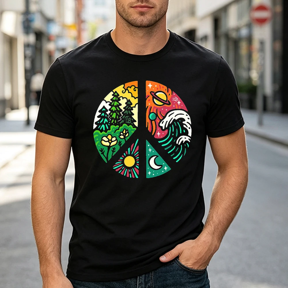 Peace Sign Earth Nature Space Graphic T Shirt Men Clothes Colorful Cosmic Art Print Top Summer Boho Vintage 70s Style