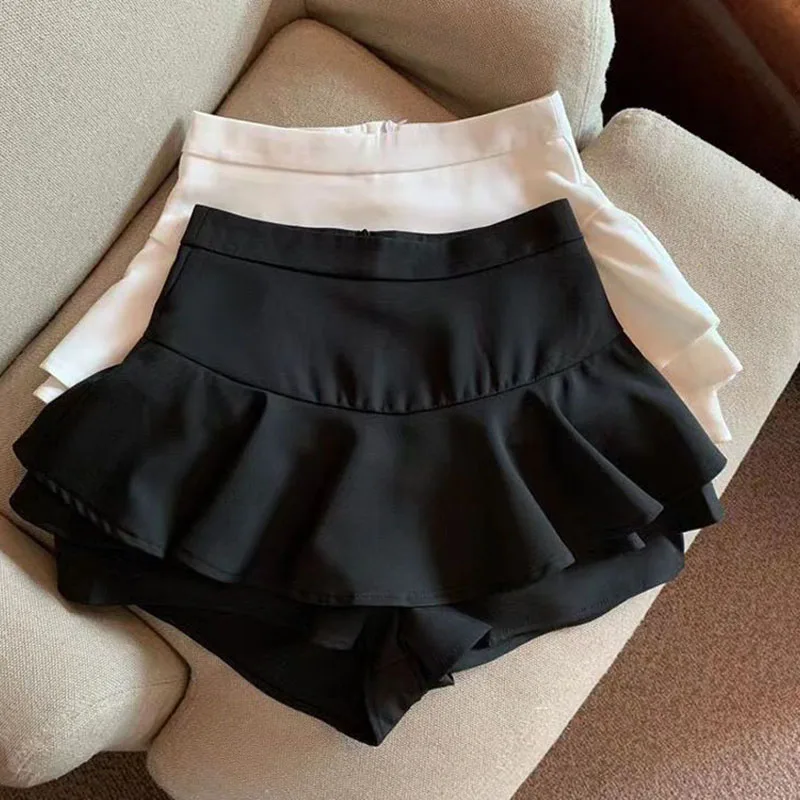 Summer A-Line Skirts for Women Korean High Waist Zipper Ruffles Mini Skirt Ladies All-Match Sweet Black White Jk Short Skirts