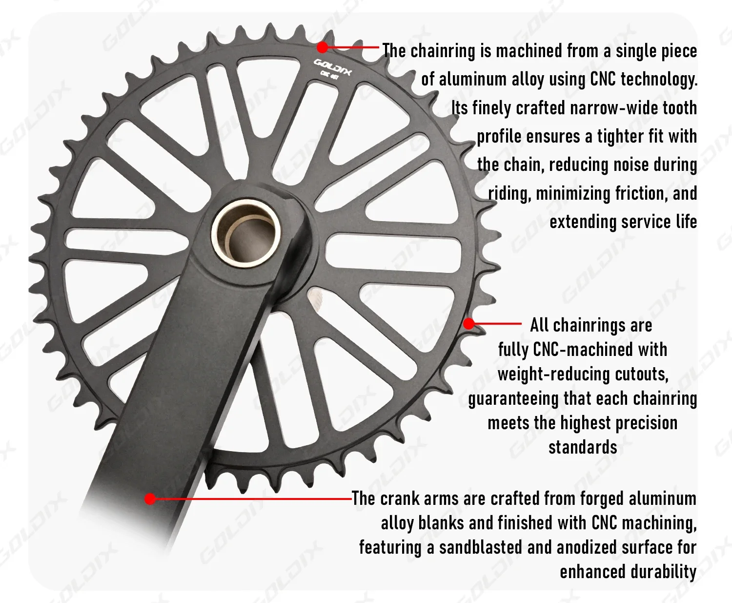 GOLDIX Rennrad-Kurbelgarnitur, 165/170/172,5/175 mm Länge, aus Aluminiumlegierung, geschmiedet, für Fahrräder mit Einzelgang, mit schmalem und breitem Kettenblatt. – Detail 7