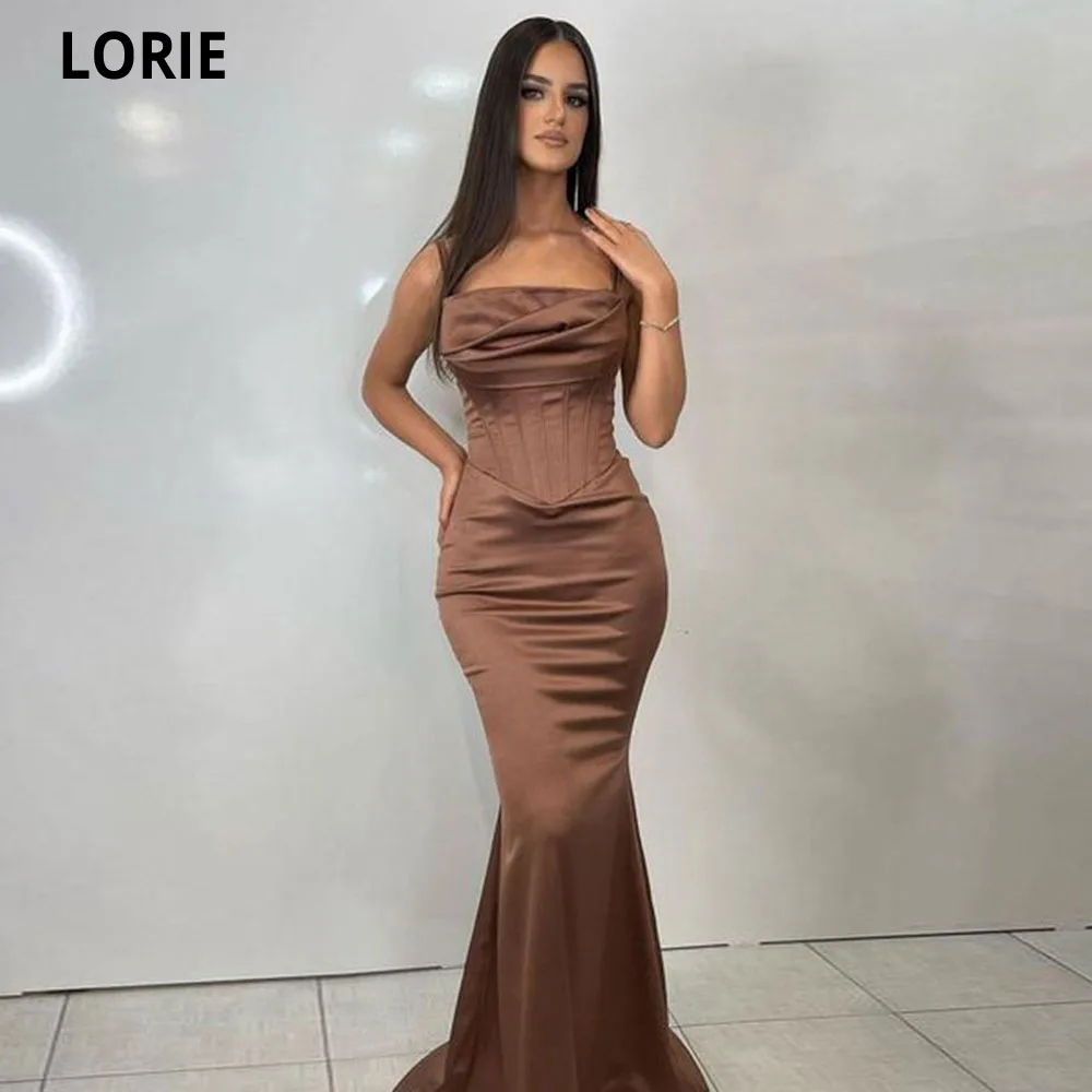 

LORIE Brown Boat Neck Mermaid Evening Dresses 2022 Satin Pleats Elegant Spaghetti Strap Saudi Arabia Prom Gowns Robes De Soirée