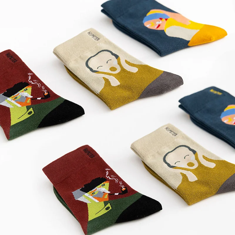 Colorful Funny Cotton Men Crew Socks Van Gogh scream  Hip Hop Novelty Painting Skate Street Designer Harajuku Gift Happy Cool