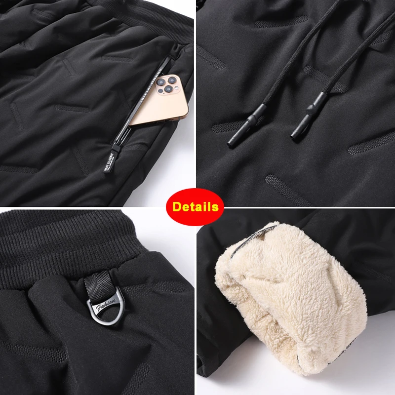 Winter Mens Pants Male Warm Proof Thermal Trousers Loose Zip Pockets Thicken Fleece Sweatpants Men Jogger Black Work 7XL