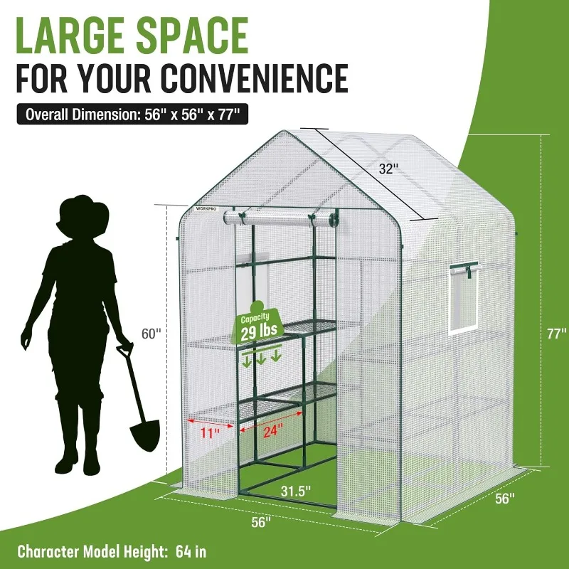 WORKPRO Greenhouse, 56” x 56” x 77” Heavy Duty Walk in Greenhouses for Outdoors with Screen Windows, Thicken PE Cover, 3 Tier 8