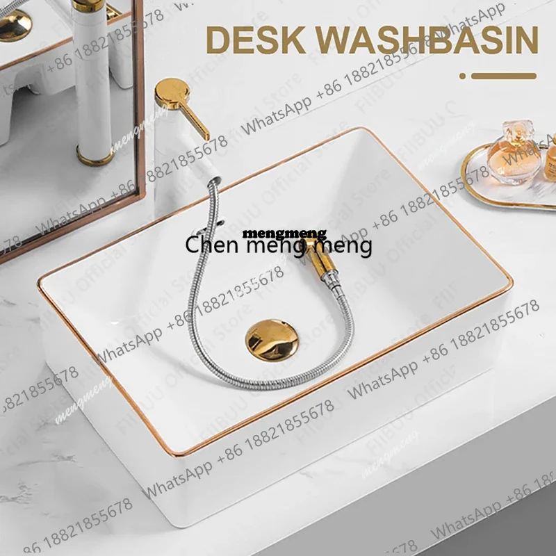X173 White Ceramic Table Sink With Golden Edge Countertop Vanity Sink Bathroom Lavatory Balcony Vessel Sink Above Counter Wash B