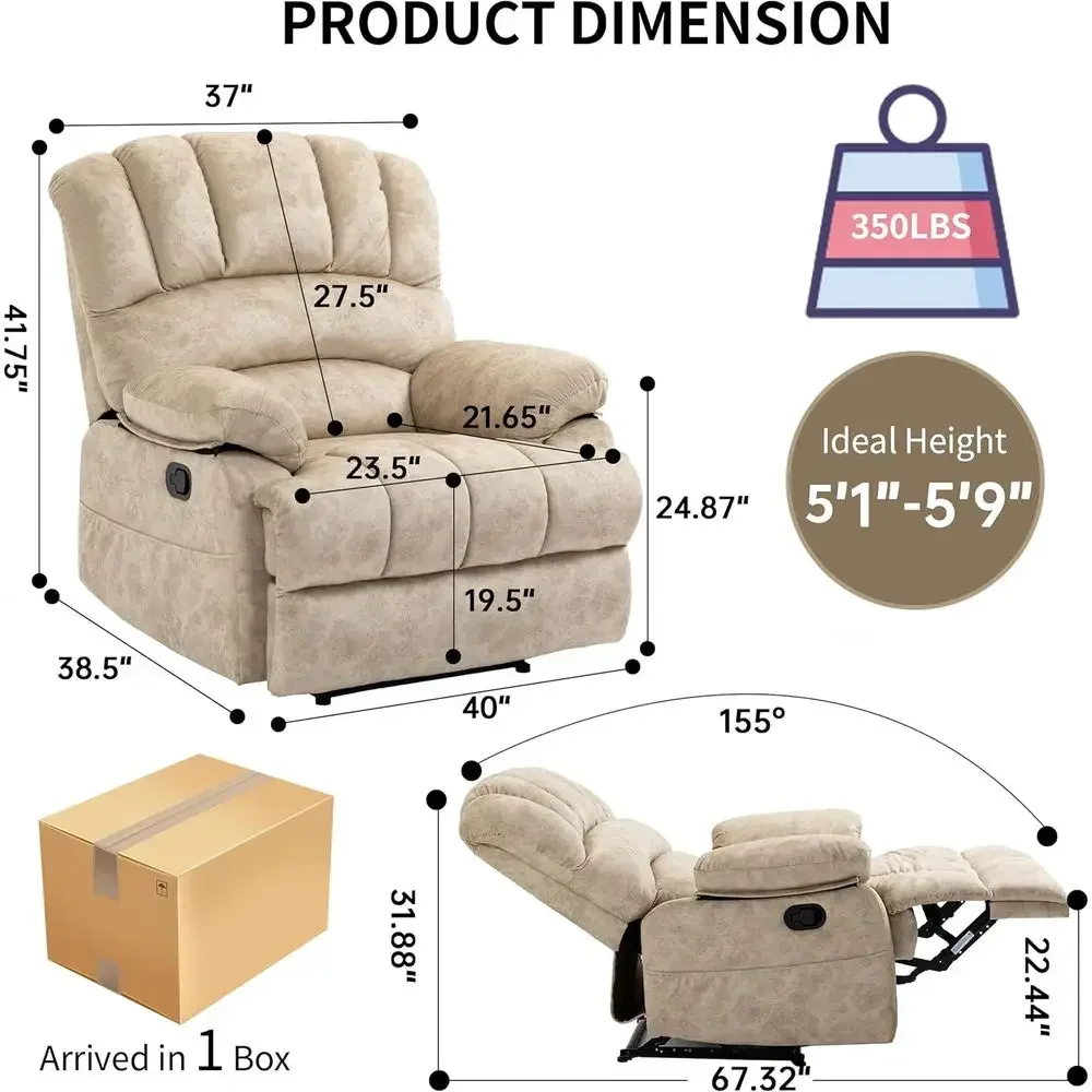 Overstuffed Beige Manual Recliner Chair with Push-Back Mechanism and Plush Armrests for Living Room