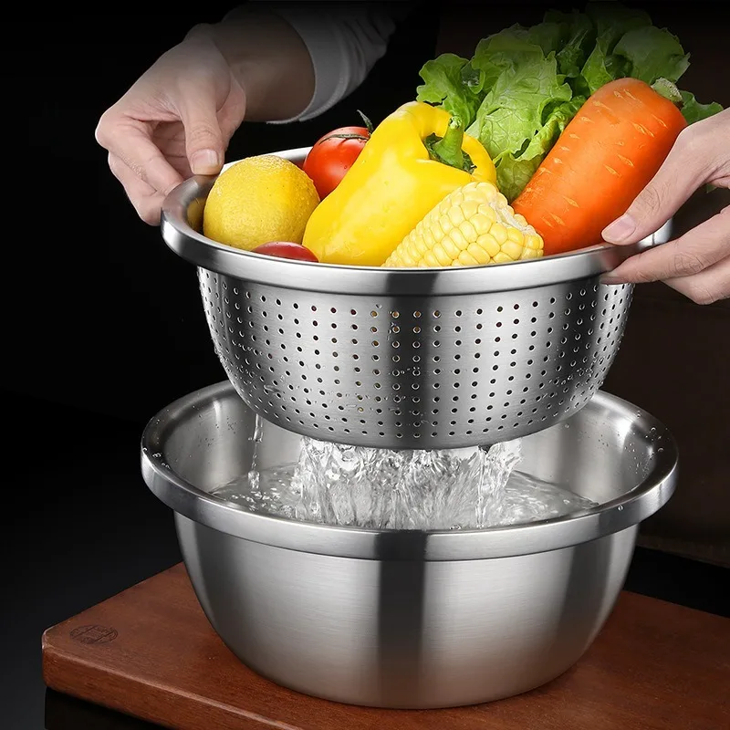 1pcs Stainless Steel Microporous Colander, Large Capacity with Mixing Bowl For washing vegetables, fruit and rice