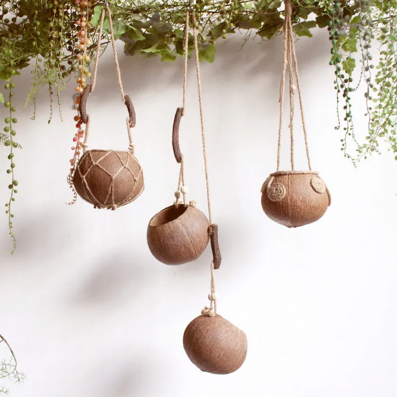 

Coconut Shell Hanging Flower Pot, Handmade Hanging Planter, Nursery Window Hanging Basket, Wall-Mounted Decorative Ornament
