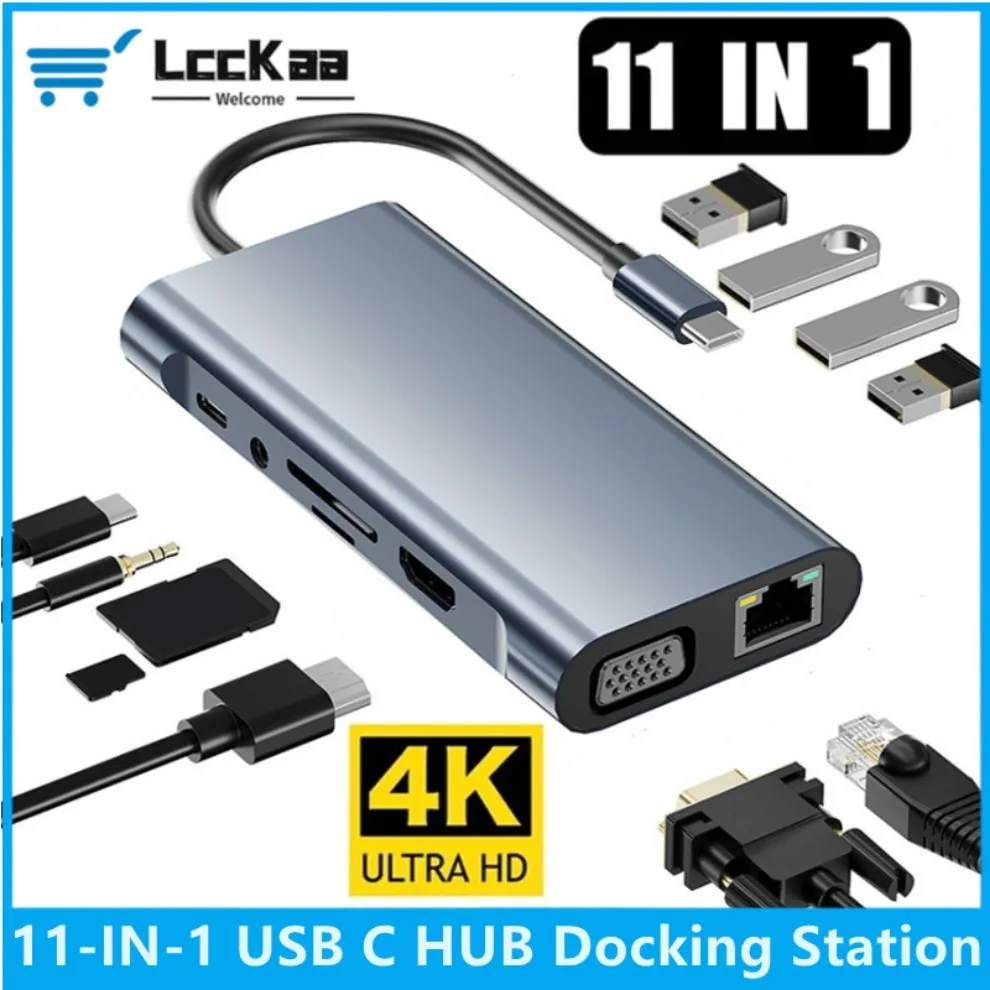 

Концентратор 11 в 1 USB C для Macbook Air Pro, совместимый с 4K типа C к HDMI VGA USB 3.0 2.0 Rj45 с PD 100 Вт TF SD 3,5 мм Aux Type C Hub