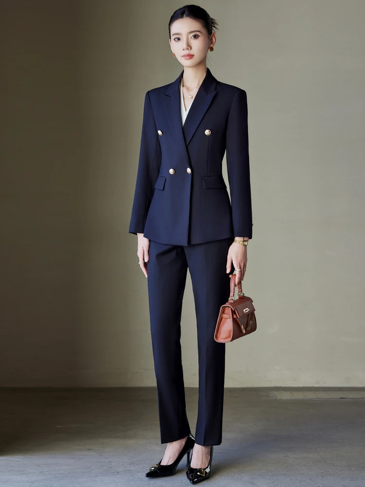 Cobalt Blue Women's Suit Set Interview Professional Clothing Double Buttoned Formal Wear Commute Style Slim Fit Polyester