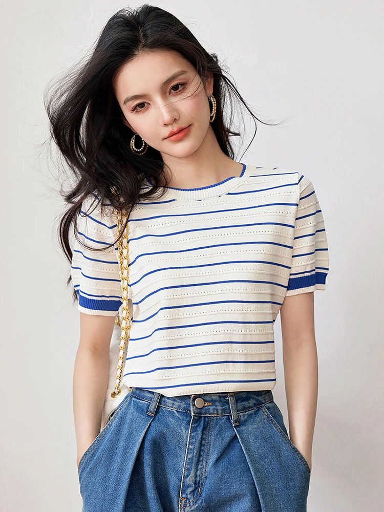 Summer Short Sleeve Striped T-Shirts Women Knitted Basic Casual Tops Female Cozy Loose Tee 2024 Harajuku Pullover