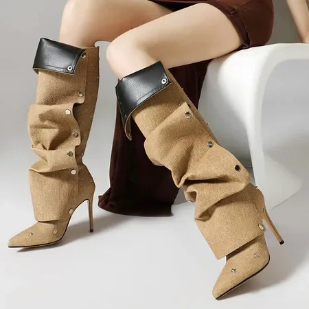 Sexy Pleated Motorcycle Over The Knee Boots Women Fashion Pointed Toe Zipper Thigh High Long Stiletto Heel Ladies Shoes