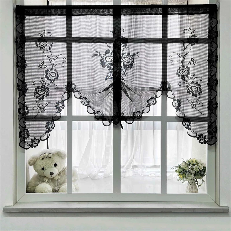 American Black Floral Lace Tulle Pull Curtains Roman Lifting Sheer Voile Door Bay Window Kitchen Partition Christma Party Drapes