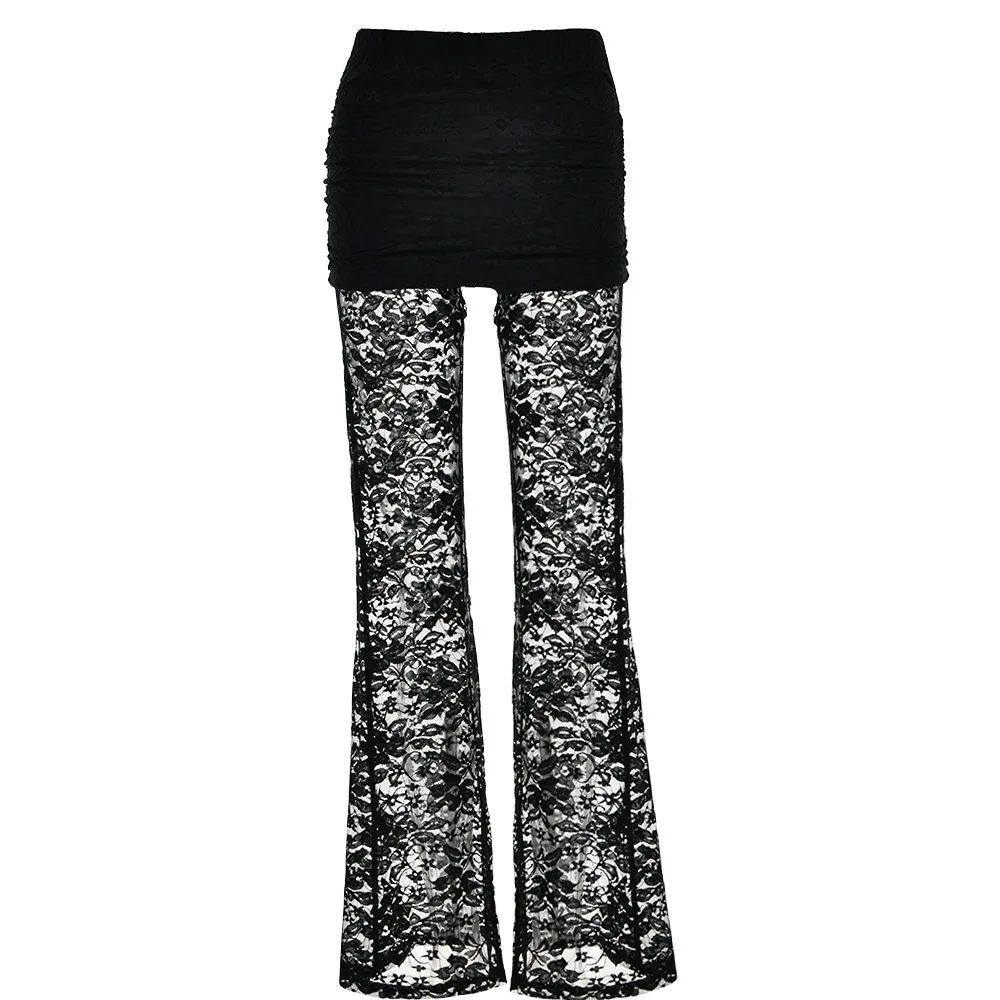 2025 nueva moda Sexy versátil encaje Patchwork Slim Fit Sheer pantalones acampanados de cintura alta para mujeres