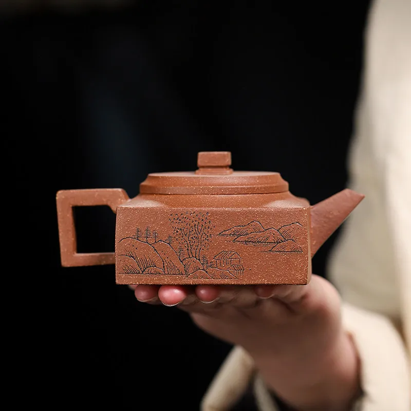 Jiang Po Clay Zisha Teapot 200ml Handmade Engraved Fang Shan Shape Gongfu Pot for Tea Tasting Rituals and Home Collections