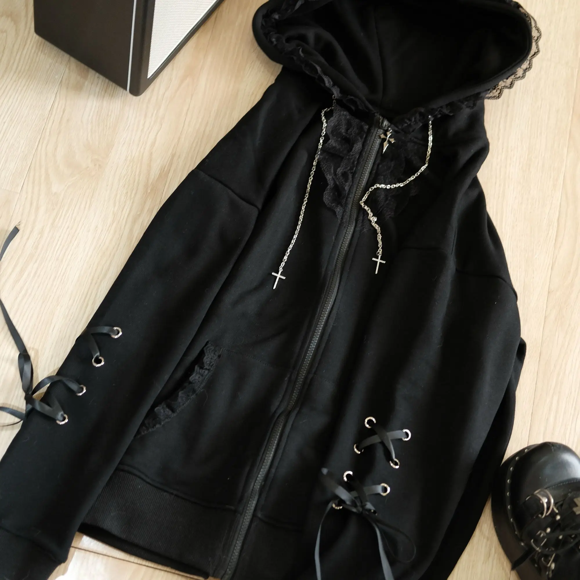 النساء هوديس الملابس فاسق بلوزات Harajuku الشارع الشهير الرجعية جاكت مزود بغطاء للرأس اليابانية برشام طباعة عادية سستة معطف الموضة #2