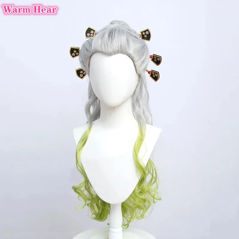 90cm Long Daki Synthetic Anime Silver Gradiented Green Curly With Headwear Heat Resistant Hair Halloween Party Role Play Wigs