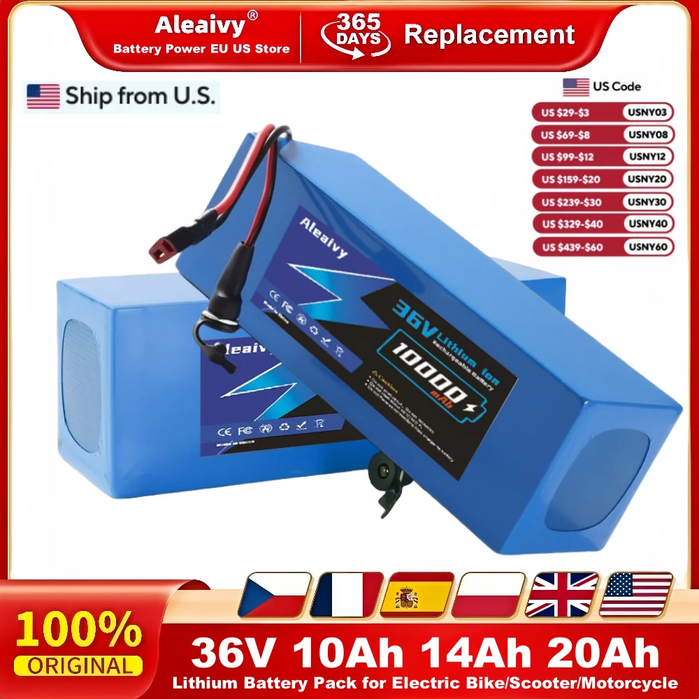 Aleaviy 36V 10Ah 14Ah 20Ah Lithium Battery Pack for Electric Bike/Scooter/Motorcycle,250W-750W ebike Motor, with 42V 2A Charger