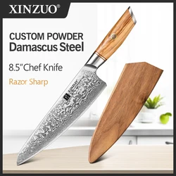 XINZUO 8.5'' Inch Chef Knife High Carbon  Japanese Power Damascus Steel Blade Super Sharp Cooking Gyuto Knives with Olive Handle