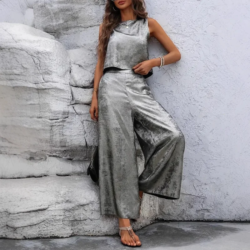 Women Metallic Sleeveless Crop Top Wide Leg Pants Two Piece Set Casual Solid Outfit