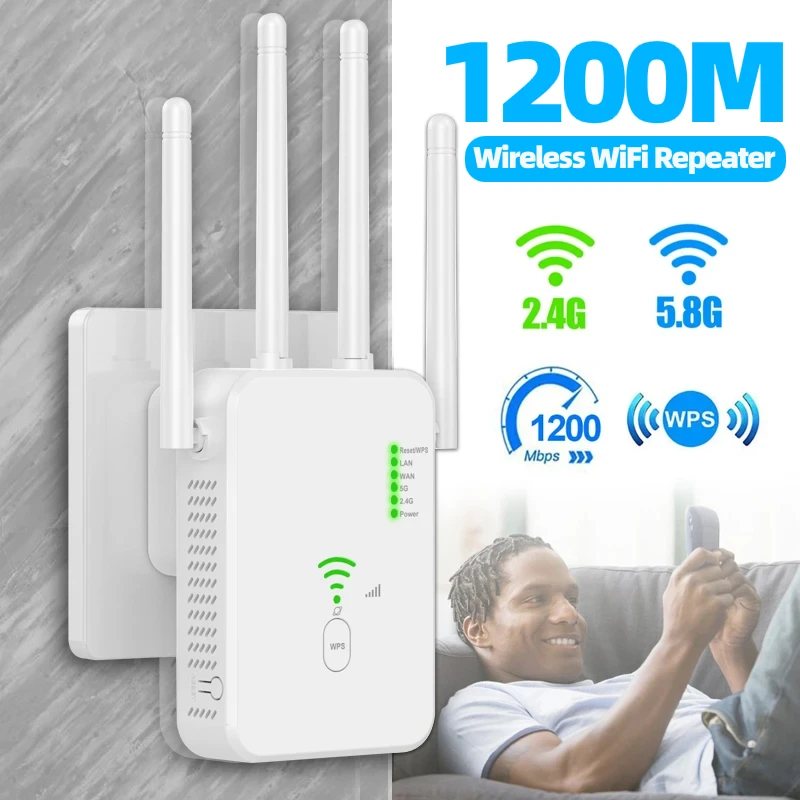 1200M Wireless WiFi Repeater WiFi Extender Long Range Wi Fi Signal Repeater Dual-Band 2.4G 5.8G High Gain Amplifier WPS Router