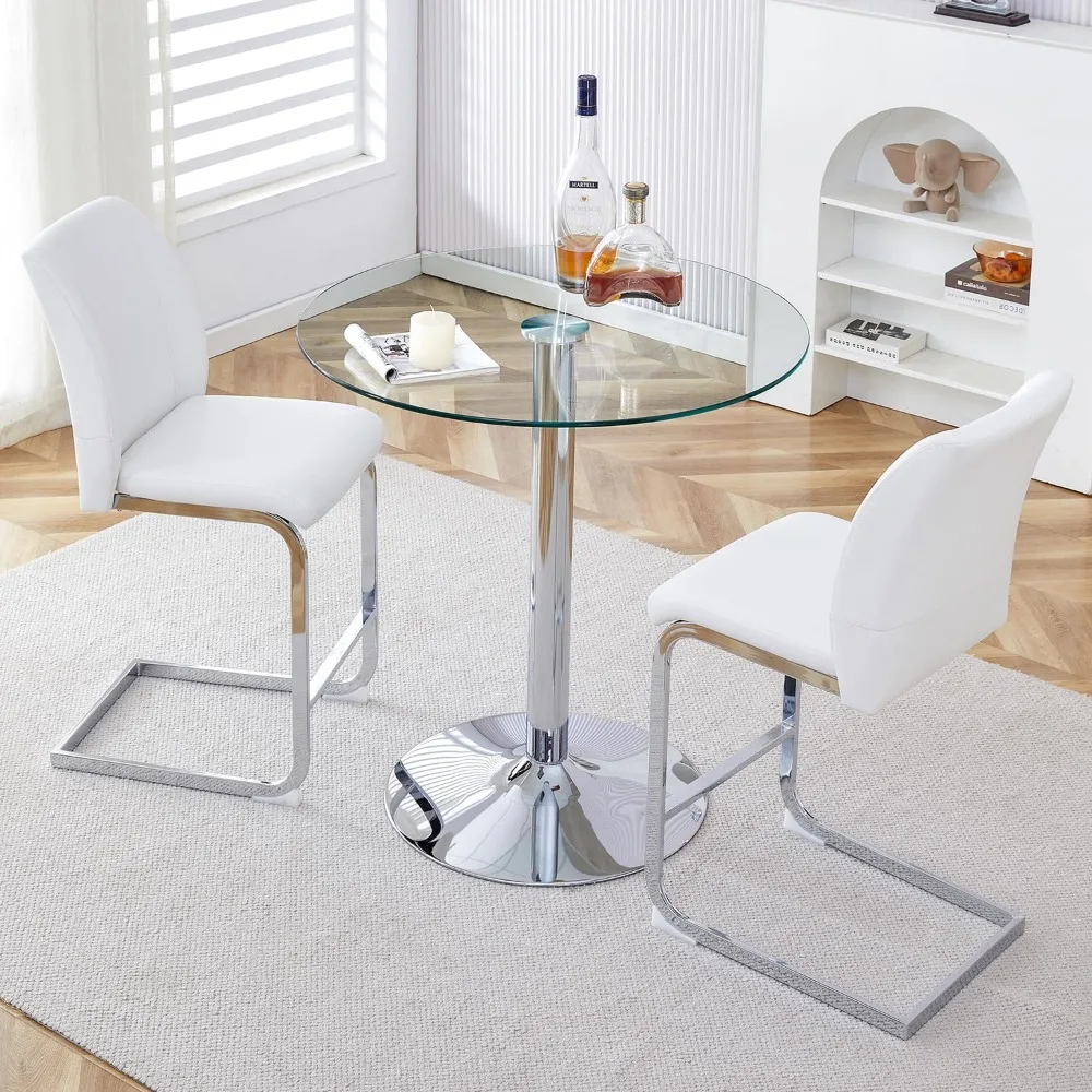 

Bar Table and Chairs Set of 2,Round Counter Height Dining Table Set,35” Glass Round Bar Table Set with White Bar Stools,Sturdy S